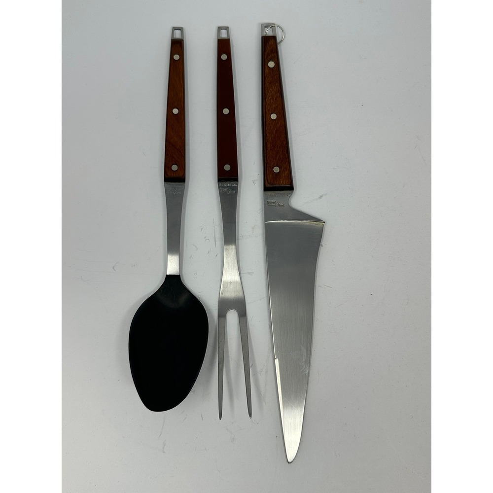 Vintage USA EKCO Lot of 3 Wooden Handle Flint Stainless Kitchen‎ Utensils A1
